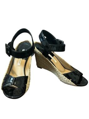 DVF Black Patent Wedge Sandals with Espadrille Heel - Women